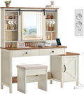 Coiffeuse Style Ferme avec Miroir ¨¦clair¨¦ et Tabouret, Blanc Rustique et Marron Miel