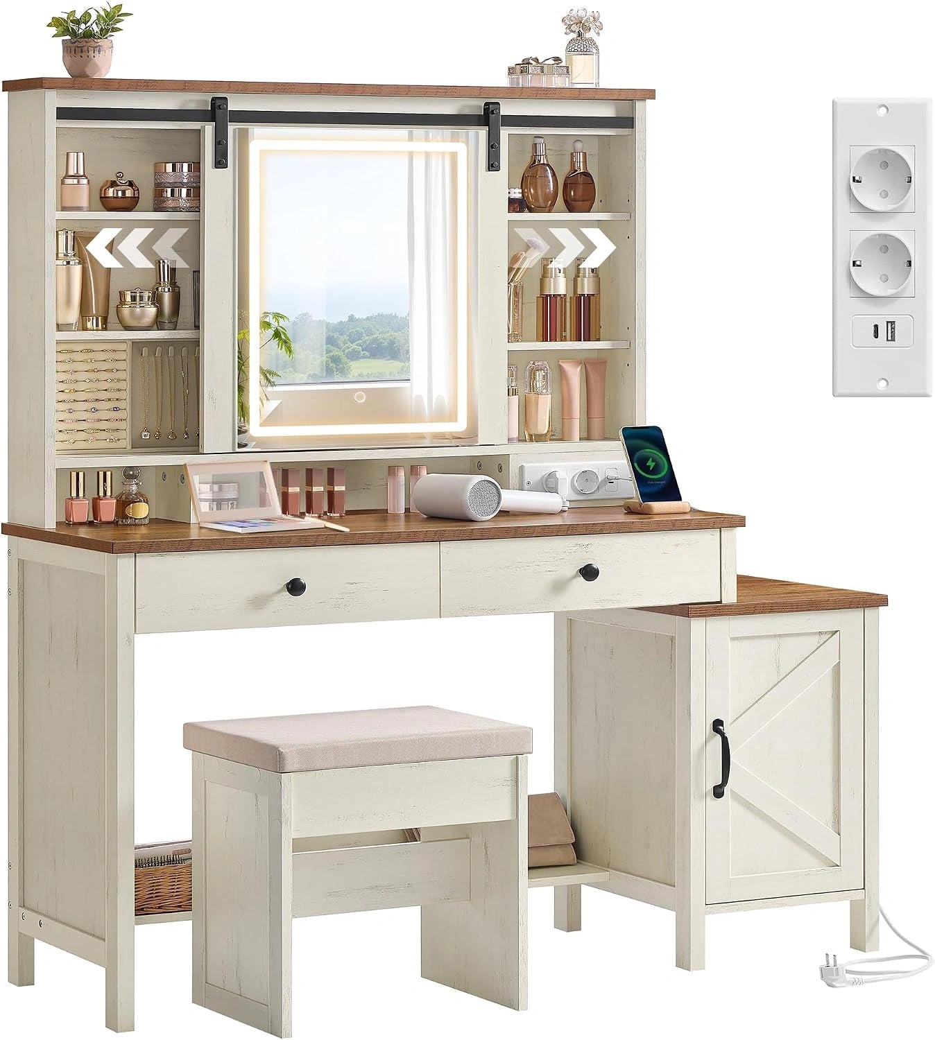 Coiffeuse Style Ferme avec Miroir ¨¦clair¨¦ et Tabouret, Blanc Rustique et Marron Miel
