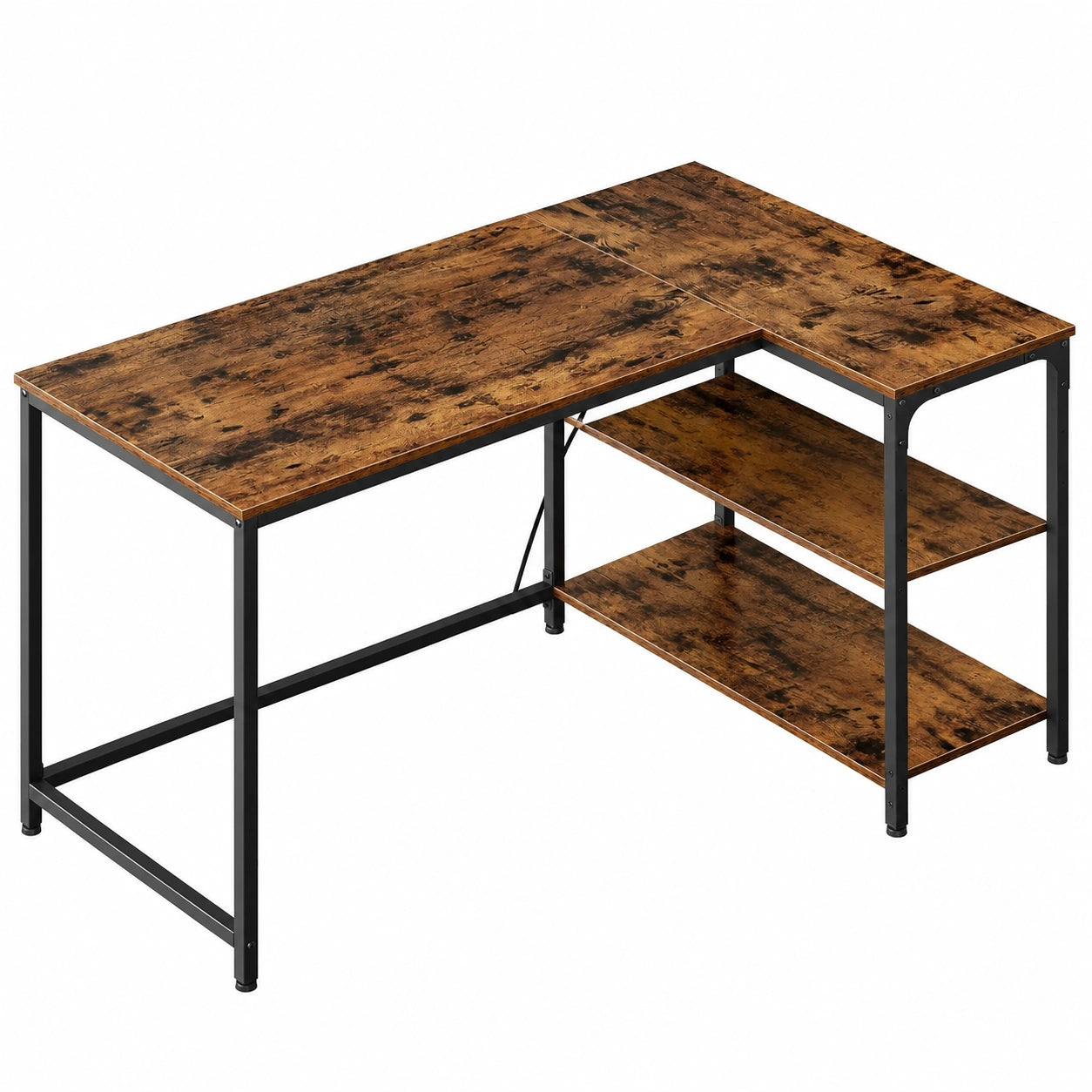 Bureau d'angle avec rangement et étagères ajustables, prises électriques et ports USB, 120 x 80 cm, couleur marron rustique