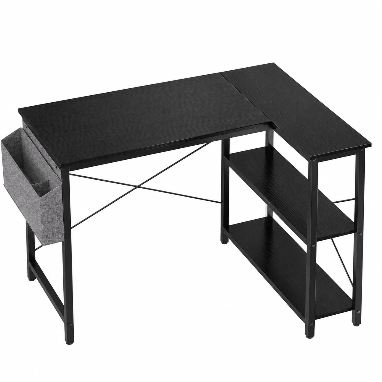 Bureau d'angle avec multiprise et étagères, table d'ordinateur L réversible pour travail et études
