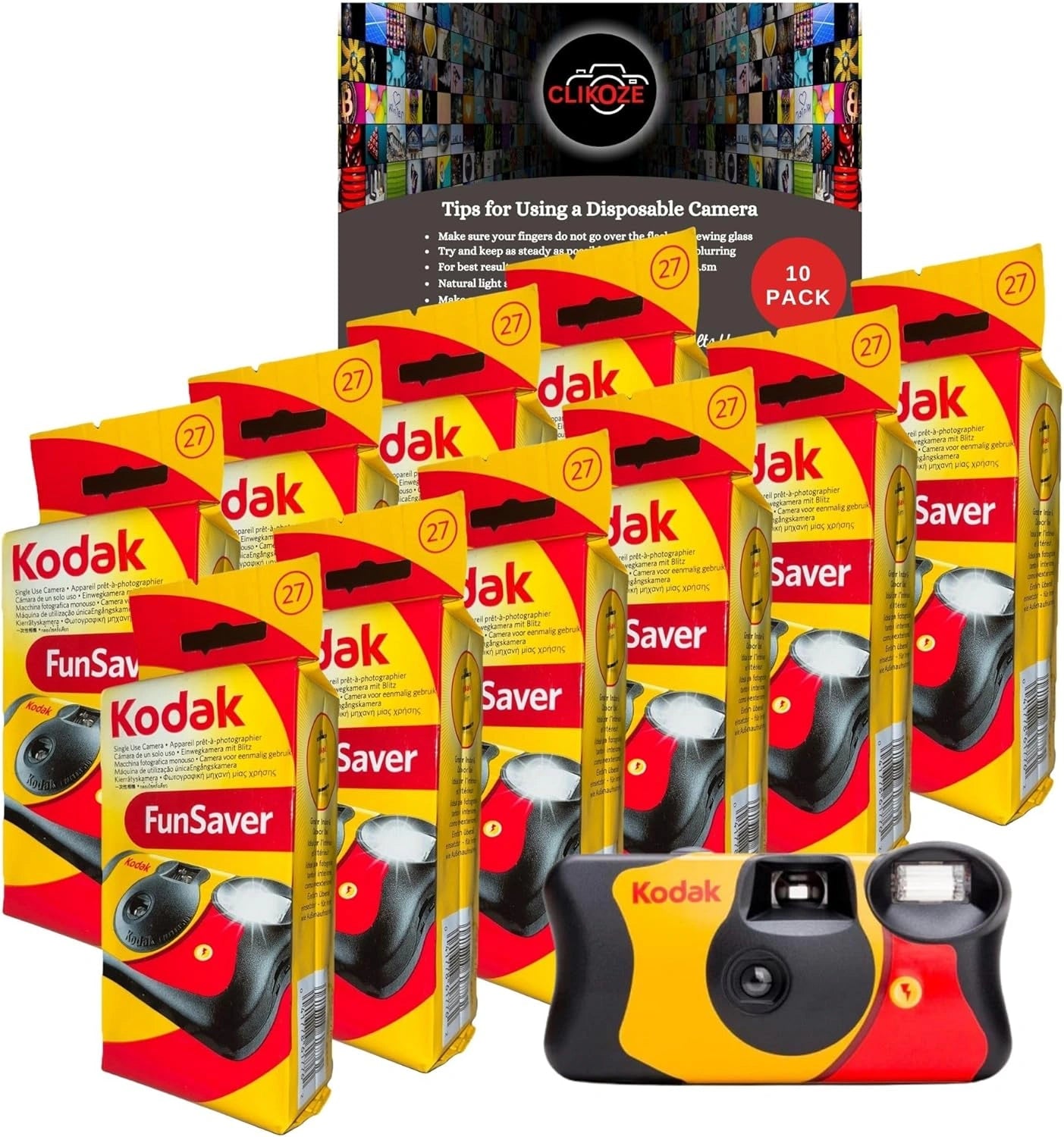 Set de 10 Appareils Photo Jetables Kodak Funsaver 35 mm - 27 Poses avec Guide Photographique Clikoze