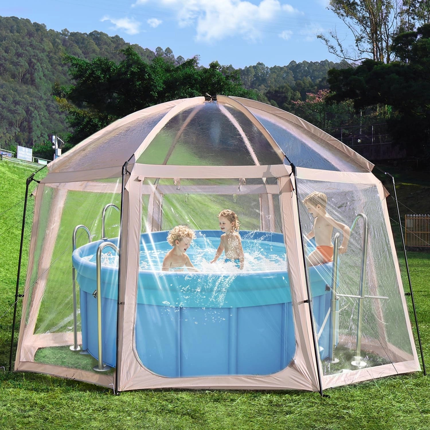 Abri de Piscine Rond 2-en-1, Compatible Spa, Pour Piscines jusqu'¨¤ ? 305 et 366 cm