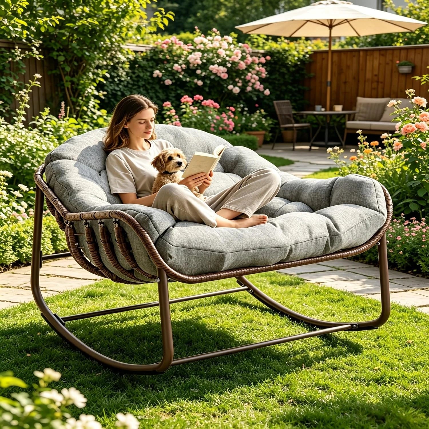 Chaise Ber?ante Papasan en Rotin avec Coussin Amovible, Support M¨¦tallique, Capacit¨¦ 130 KG, pour Int¨¦rieur et Ext¨¦rieur