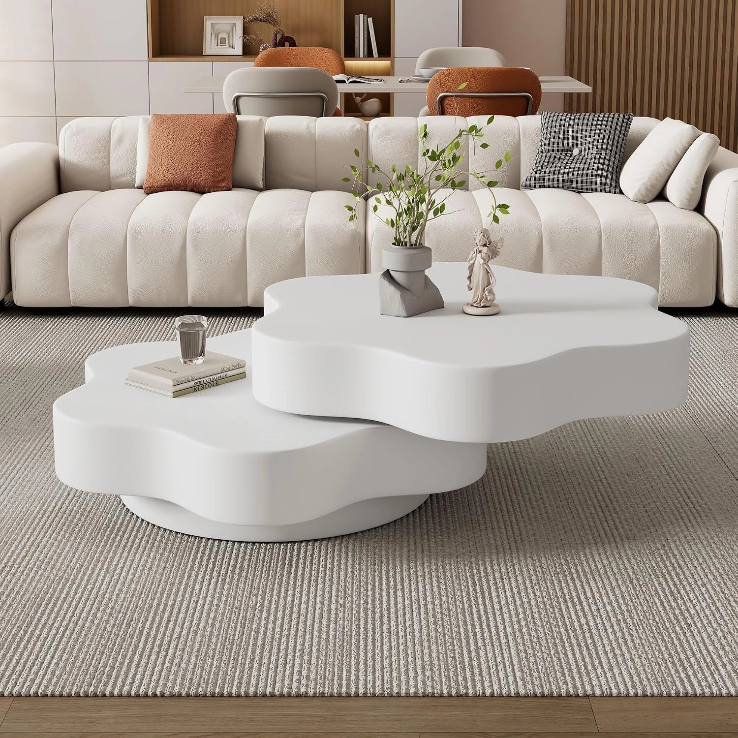 Table basse fleur pivotante 360¡ã, double ¨¦tage MDF, cr¨¨me
